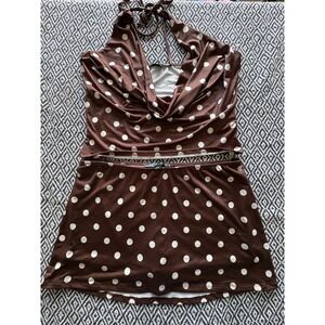 Blue Blush Brown Polka Dot 2 Piece Set Halter Cowl Neck Top and Skort Large